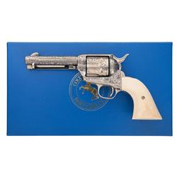 John Adams Custom Engraved Colt Single Action Army Revolver with Box and Steer Head Ivory Grips