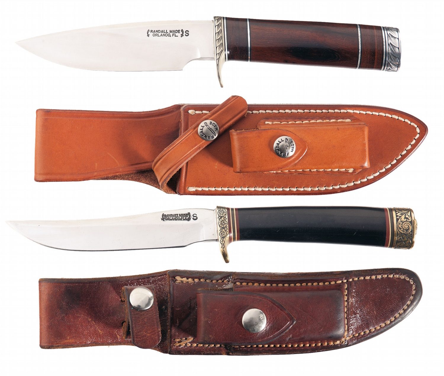 Two Engraved Special Order Randall Knives with Sheaths