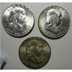 3  MS63 "S" mint Franklin half $'s  1953 and 2 1954
