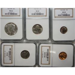 1965 SMS 5 coin set NGC slabbed MS66 penny is RED