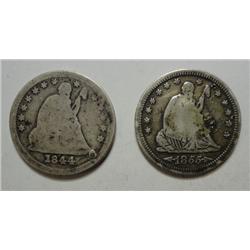 2  very scarce dates Seated Quarters 1844O Good hole repaired and 1855S