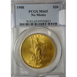 1908 N/M $20 GOLD  PCGS65