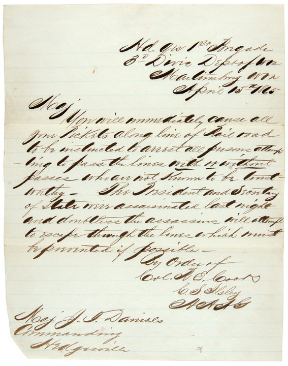 Abraham Lincoln Assassination Letter, 1865