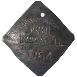 1834 Charleston (SC) SERVANT Slave Hire Tag