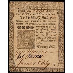 Colonial Currency, 1760 B. Franklin Printed, PA