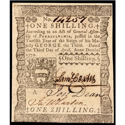 Colonial Currency, PA, April 3, 1772, 1 Shilling