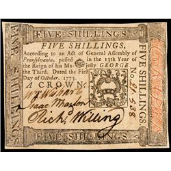 Colonial Currency, PA, Oct. 1, 1773, 5 Shillings