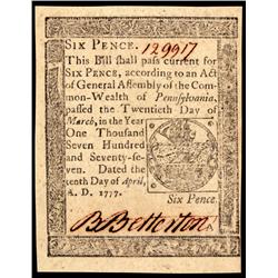 Colonial Currency, PA, April 10, 1777. Six Pence