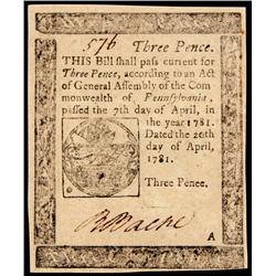 Colonial Currency, PA, April 20, 1778, 3 pence