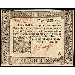 Colonial Currency, PA, April 20, 1781, 5s, A