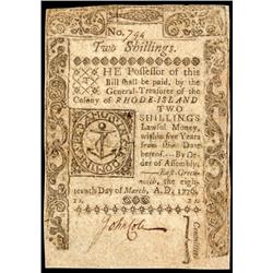Colonial Currency, RI, March 18 1776, 2 shillings