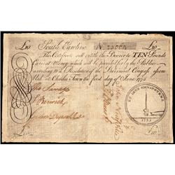 Colonial Currency, SC, June 1 1775, 10 Pound Note