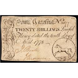 Colonial Currency, SC, April 10, 1778, 20s, Horse