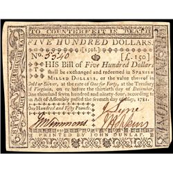 Colonial Currency, VA, May 7, 1781. $500