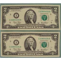 2 Consec # CU 2003 $2 Bills Notes I Mint Minneapolis