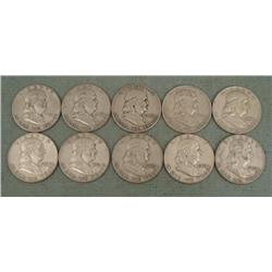 10 Diff Date Franklin Silver Half Dollars 1951-1963