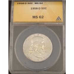 1958-D Graded MS 62 Franklin Silver Half Dollar