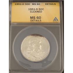 1951-D MS 60 Cleaned Franklin Silver Half Dollar