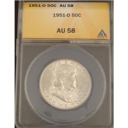 1951-D Graded AU 58 Franklin Silver Half Dollar