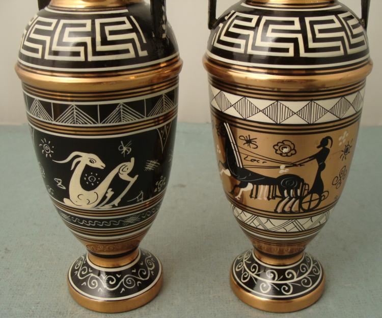 2 Hand Made Greek Copper Vases 9" Greece Chariot Race