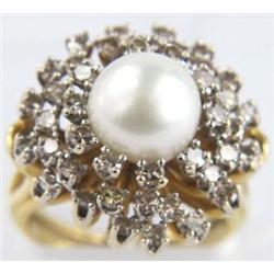 14K Yellow Gold Pearl Diamond Ring