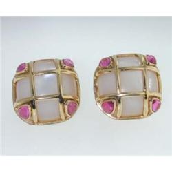 14K Yellow Gold Mop & Pink Tourmaline Earrings