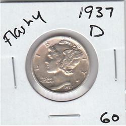 FLASHY 1937 D SILVER MERCURY DIME