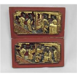 Pair Vintage Chinese Wood Story Panels