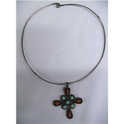 Native American Zuni Choker w/Turquoise & Coral Pendant