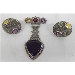 1980s Sterling Marcasite Pin & Earrings Set