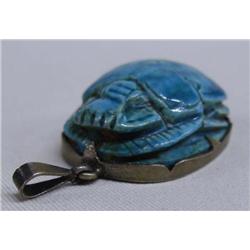 1950 Egyptian Turquoise Scarab Pendant in Silver Setting