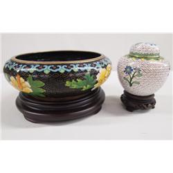 2 Cloisonne Bowl and Lidded Jar on Stands