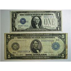 2 pc currency lot  1914 $5 FRN Fine and a 1928A $1 funny back silver certificate