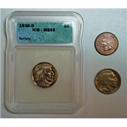 1883 Indian penny R/B  AU/BU ;1917 Buffalo nickel XF; 1938D Buffalo nickel ICG65