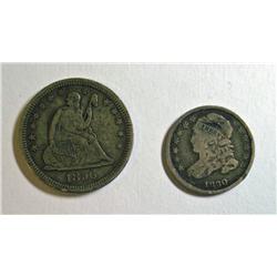1830 Bust dime VG/F and 1856 Seated quarter  VF