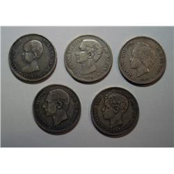 5 Spanish silver 5 Pesetas 1875-85-89-92-97