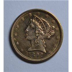 1892  $5 GOLD XF45