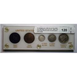 US odd type coins--1825 half cent Fine-1865 2 cent VG/F-1852 3 cent silver Fine