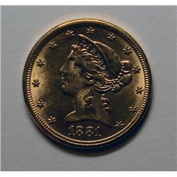 1881 $5 GOLD  MS61