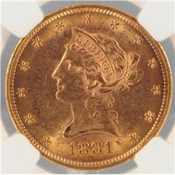 1881 S $10 Gold Liberty Coin MS-62