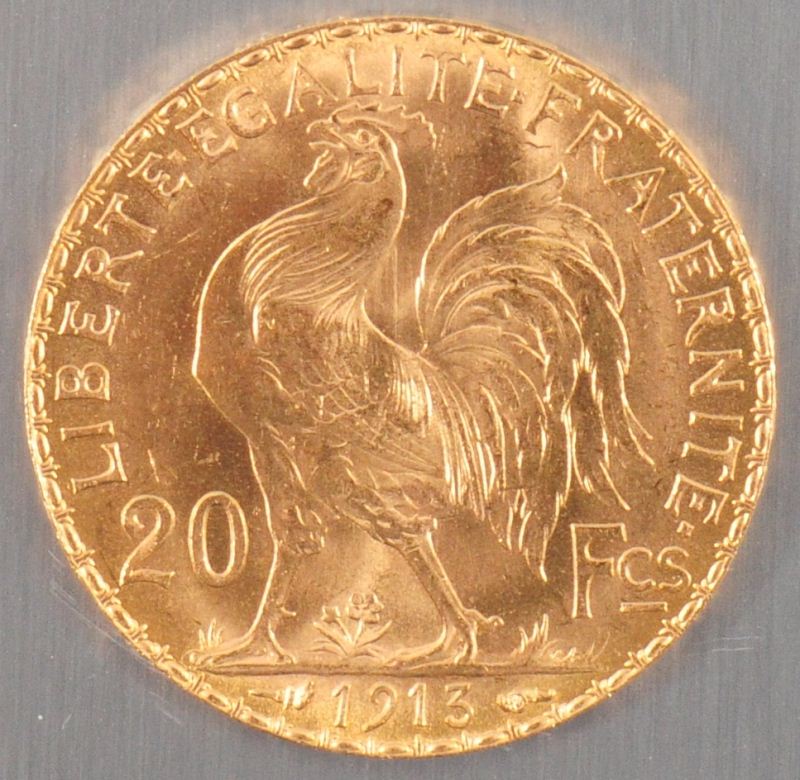 France 20 Franc Rooster/ Marianne 1913 Gold Coin
