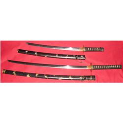 Japanese Samurai sword set, 19” & 26” blades, brass hilts w/scabbards