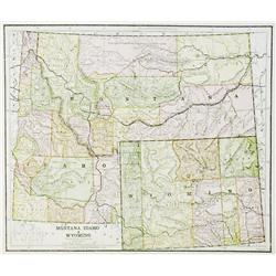 Map of Montana Idaho & Wyoming, 1885, 11” x 13”. multi-colored.