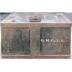 Original iron strong box, with original handles, stamped Q.M.C. U.S.A. (Quarter Master Corp)