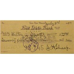 Sharp, J.H. (1859-1953), signed check dated 1952.