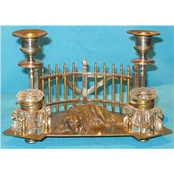 Antique brass and silver inkwell with bronze dog and 2 crystal inkwells. 1900 ca.