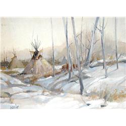 Sander, Tom, Winter Indian Camp, oil on canvas,  9” x 12”.