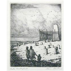 Kleiber, Hans, etching, Custer Battlefield, 5” x 4”, signed LR.