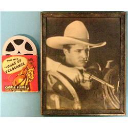 Tom Mix photograph with original film reel, Guns of Vengeance.