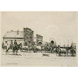 Kleiber, Hans (1887-1967) etching, Leaving the Frontier, 7” x 10-1/4”,  signed LR.